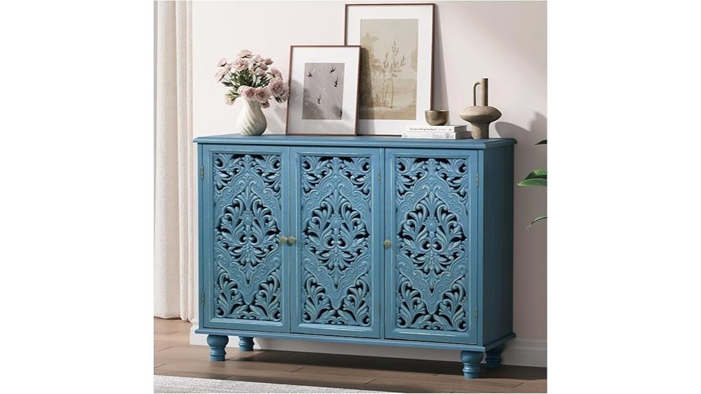blue carved accent cabinet