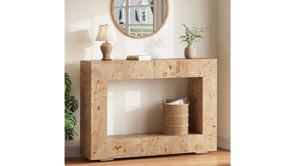burl wood console storage