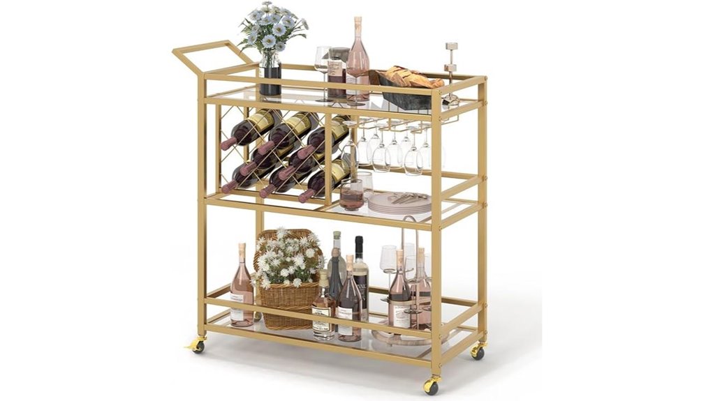 gold bar cart with wine