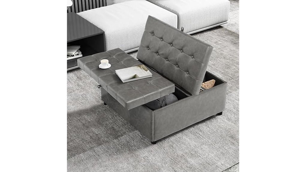 grey leather storage ottoman