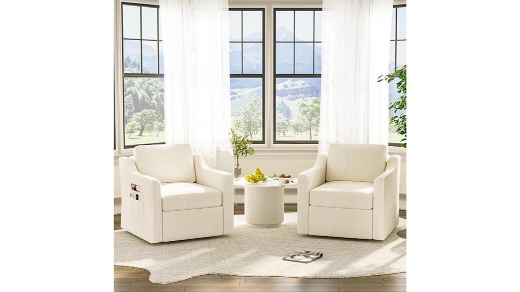 set of two beige swivel chairs