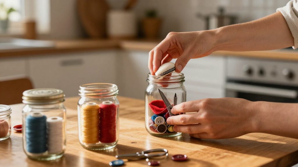 Savvy Upcyclers Transform Old Glass Jars Into A Sewing Kit With An Impressive DIY